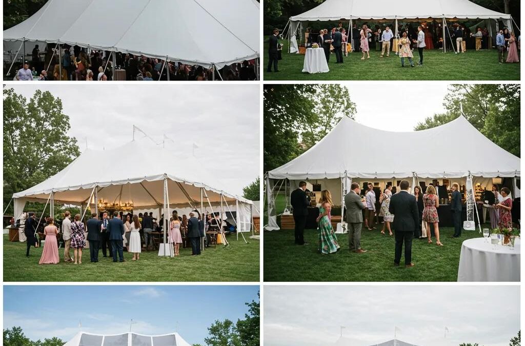 Event tents set up for weddings and corporate gatherings, showcasing diverse styles, vibrant atmosphere, and guests enjoying the outdoor space.