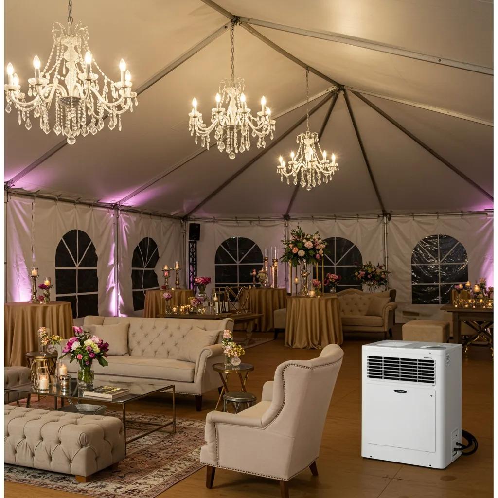 Elegant event tent interior featuring chandeliers, lounge furniture, climate control unit, and floral arrangements, enhancing comfort and style for gatherings.
