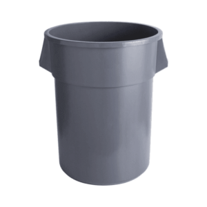 Gray plastic trash bin with handles, suitable for event catering and waste management.