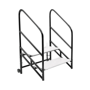 Black folding stairs with two steps and handrails, designed for stage access, available for rent.