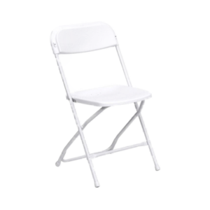 White folding Samsonite chair, suitable for event rentals, showcasing simple design and lightweight structure.